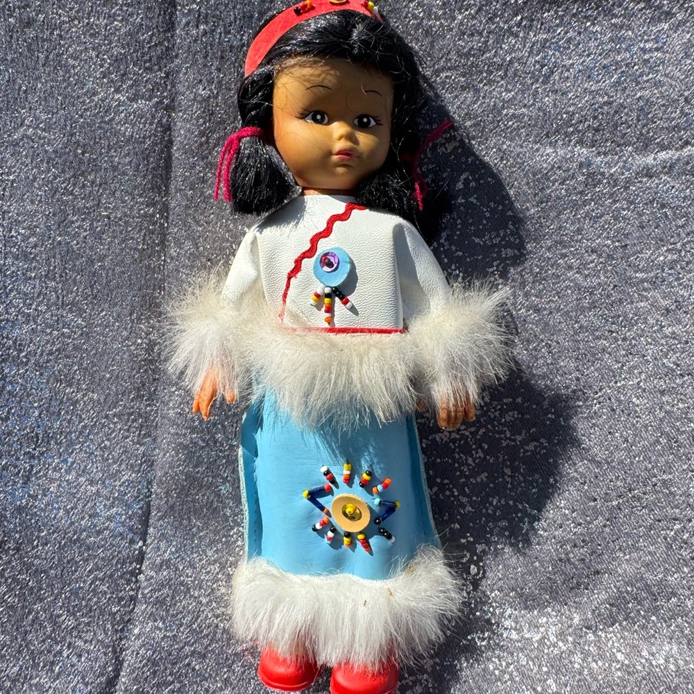 Blue Plush-Trim Native Style Kids Doll with Red Boots